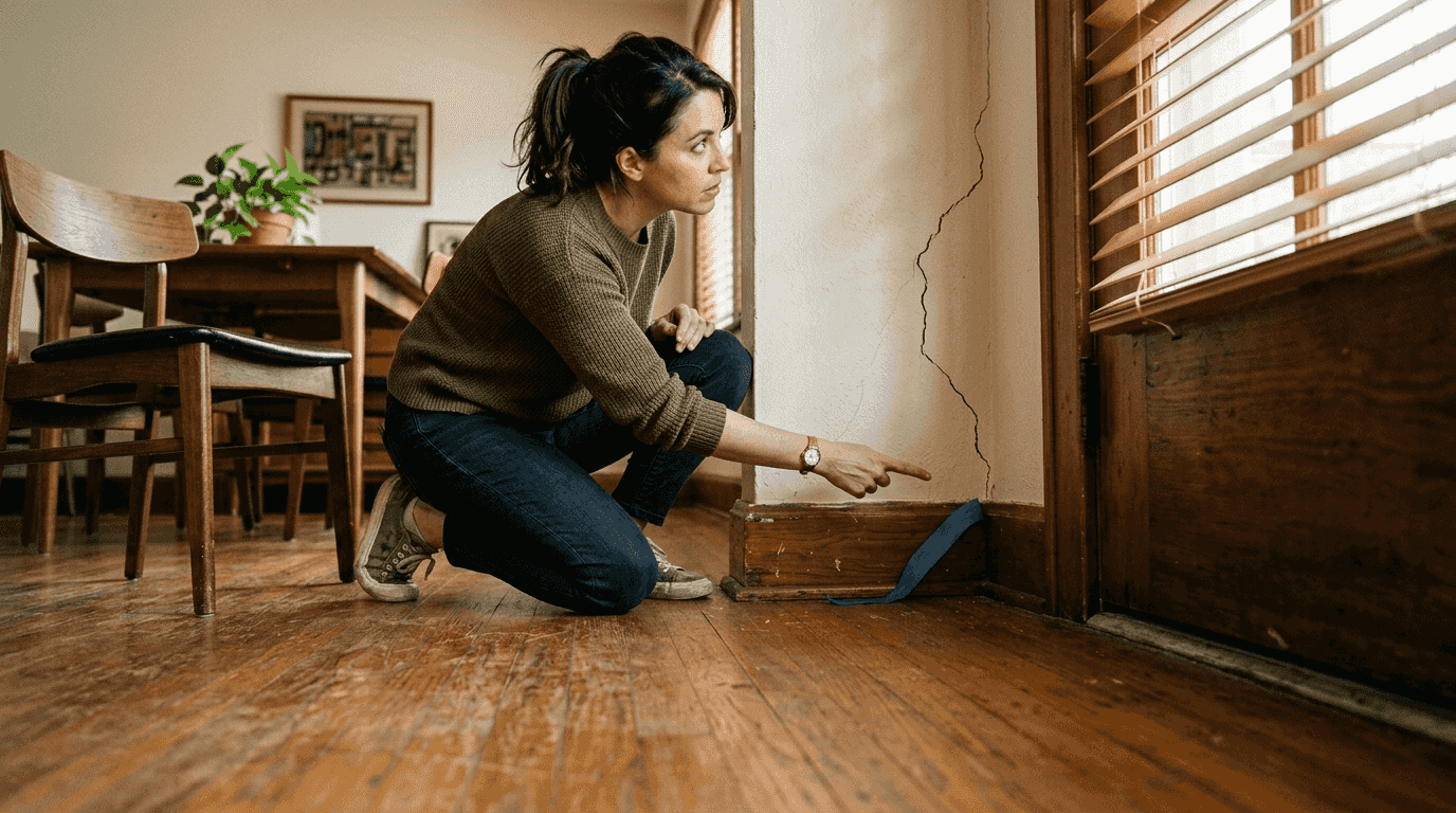 Inspecting wall crack near door frame