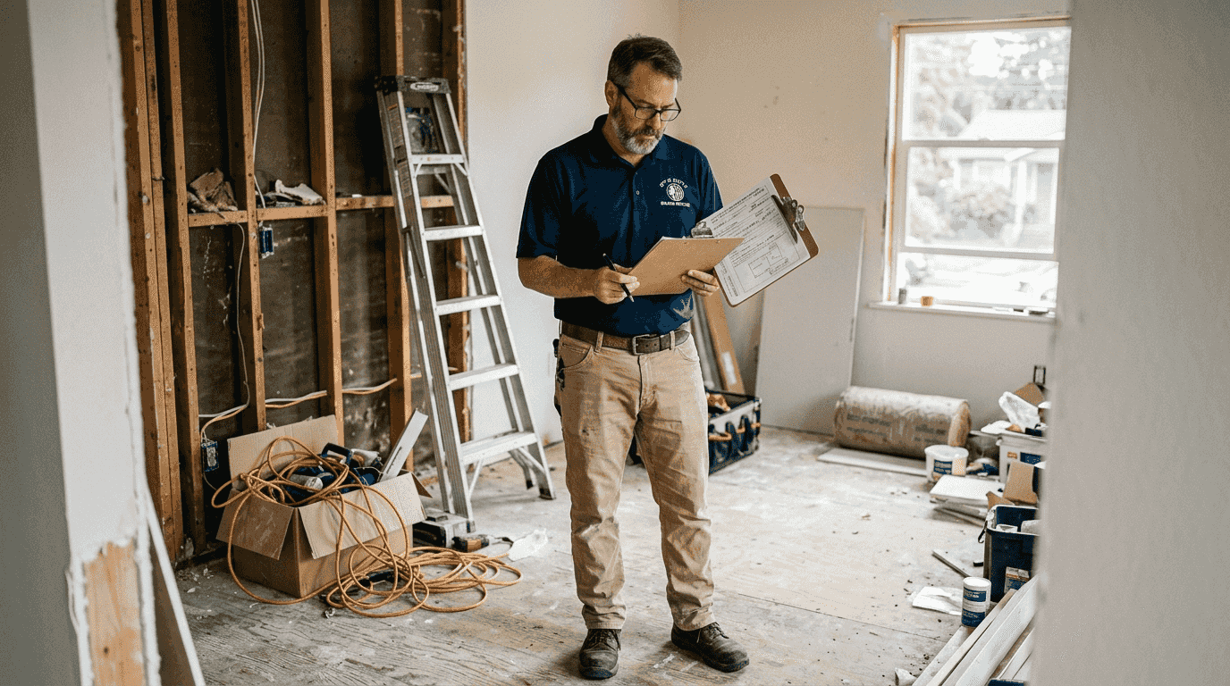 Inspector checking remodeling code compliance