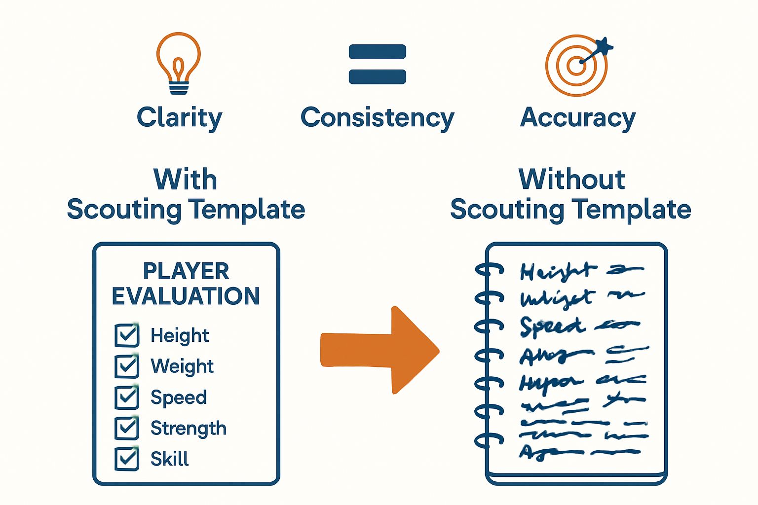 Infographic comparing scouting template to unstructured notes for evaluating basketball players