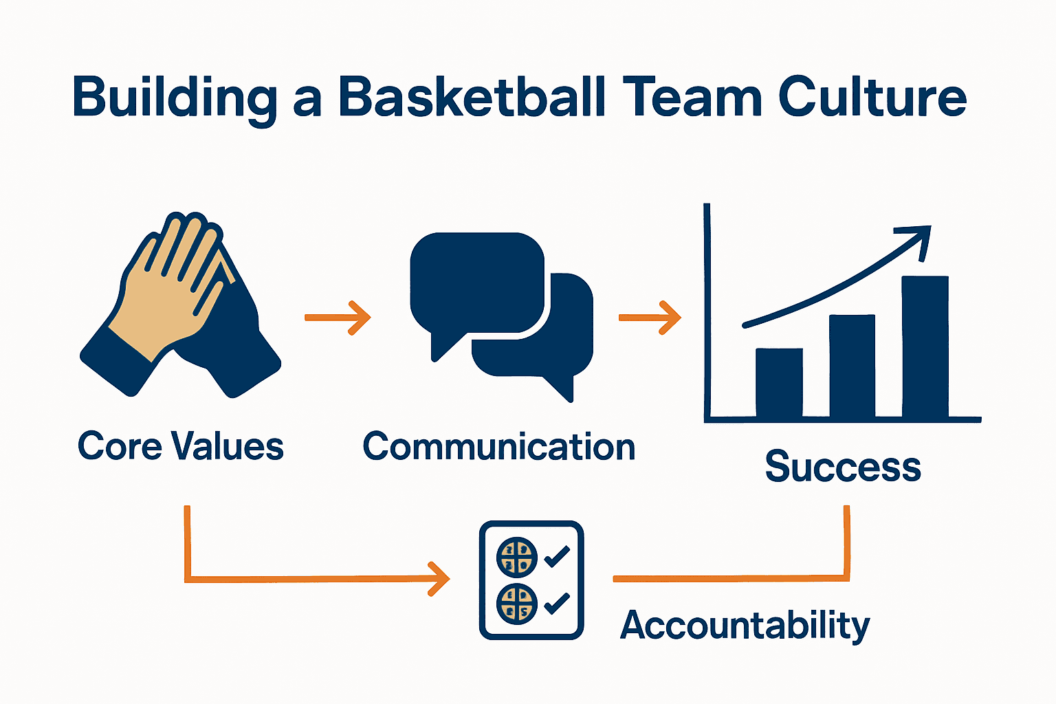 Infographic comparing core elements of basketball team culture: values, communication, accountability.