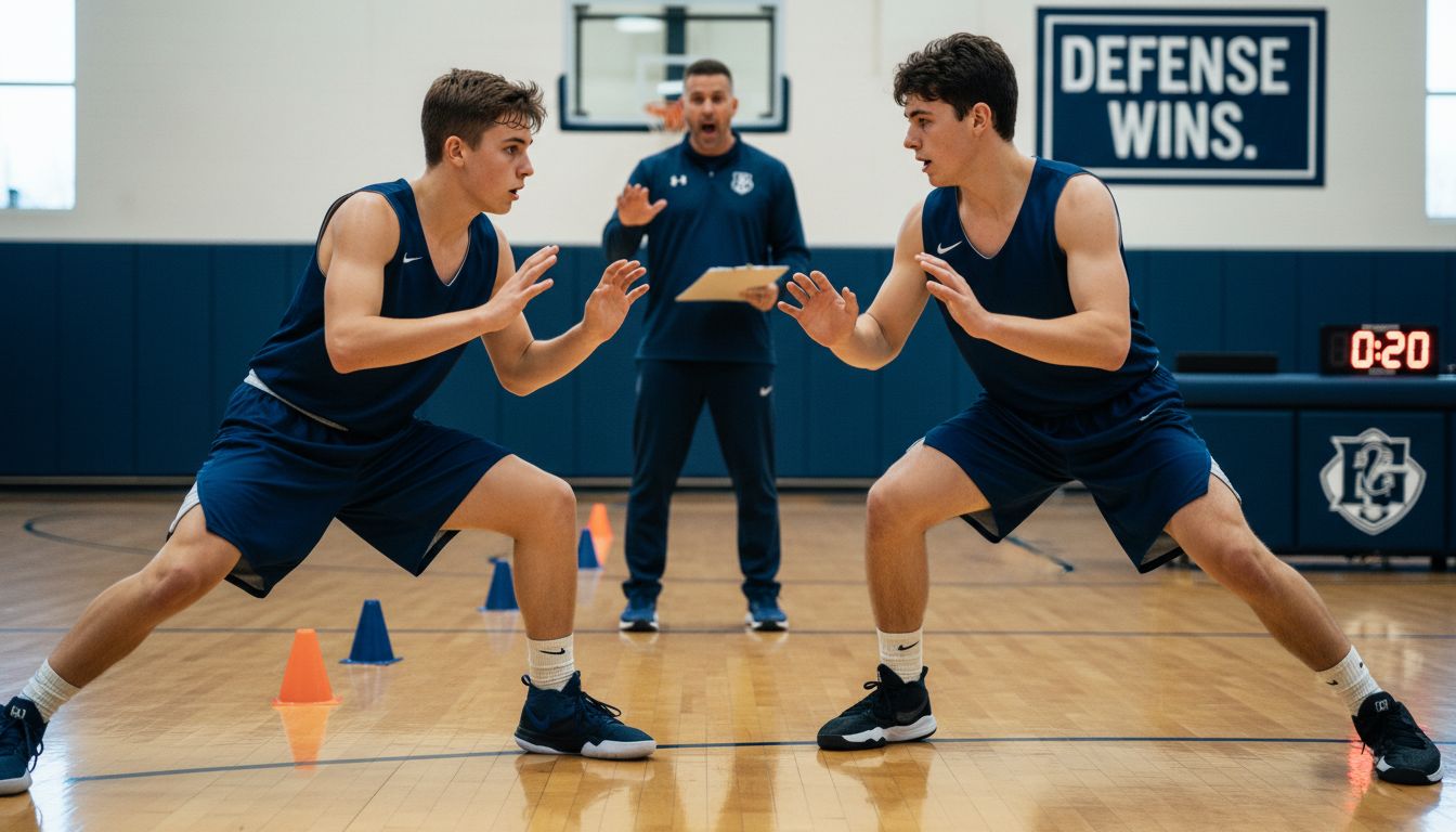 Players practicing defensive teamwork drill