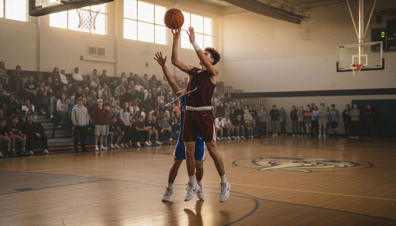 Player shooting contested basketball jump shot