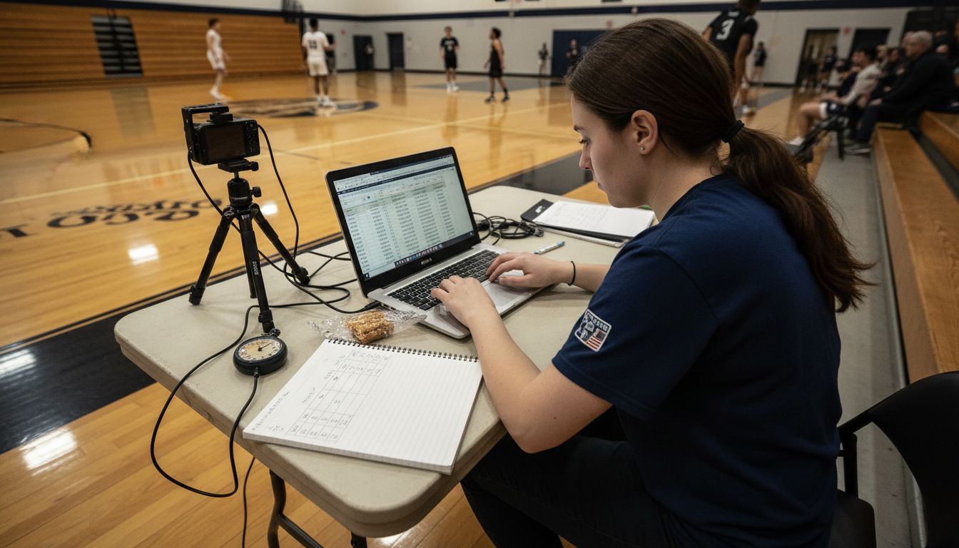 Statistician tracking live basketball data courtside