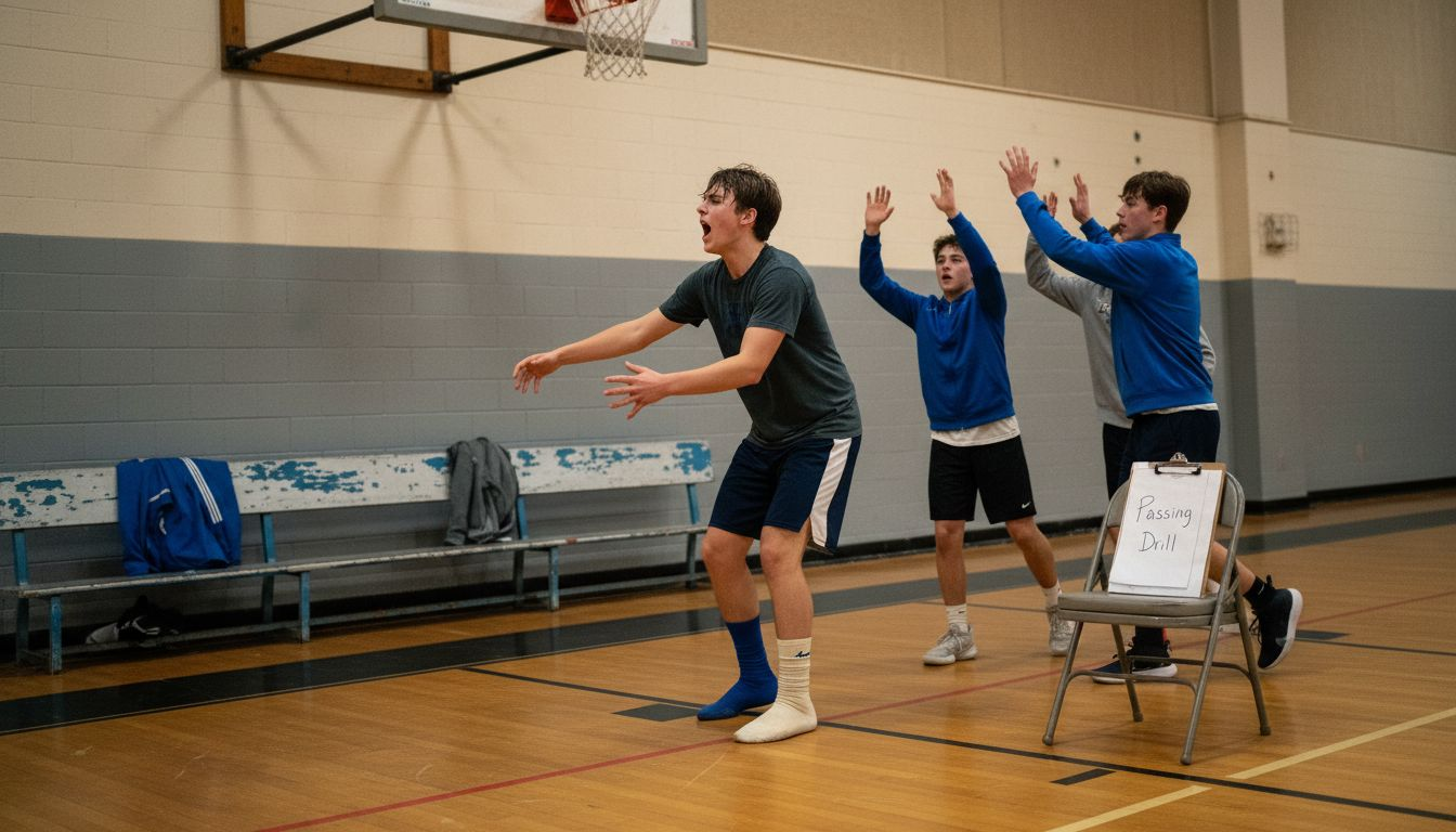 Players run teamwork drill at midcourt
