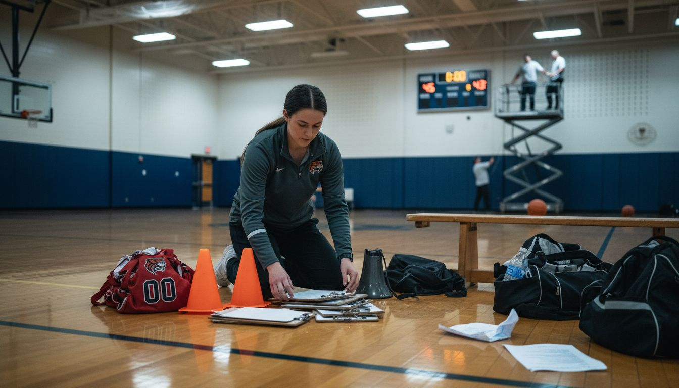 Setting up basketball tryout court equipment