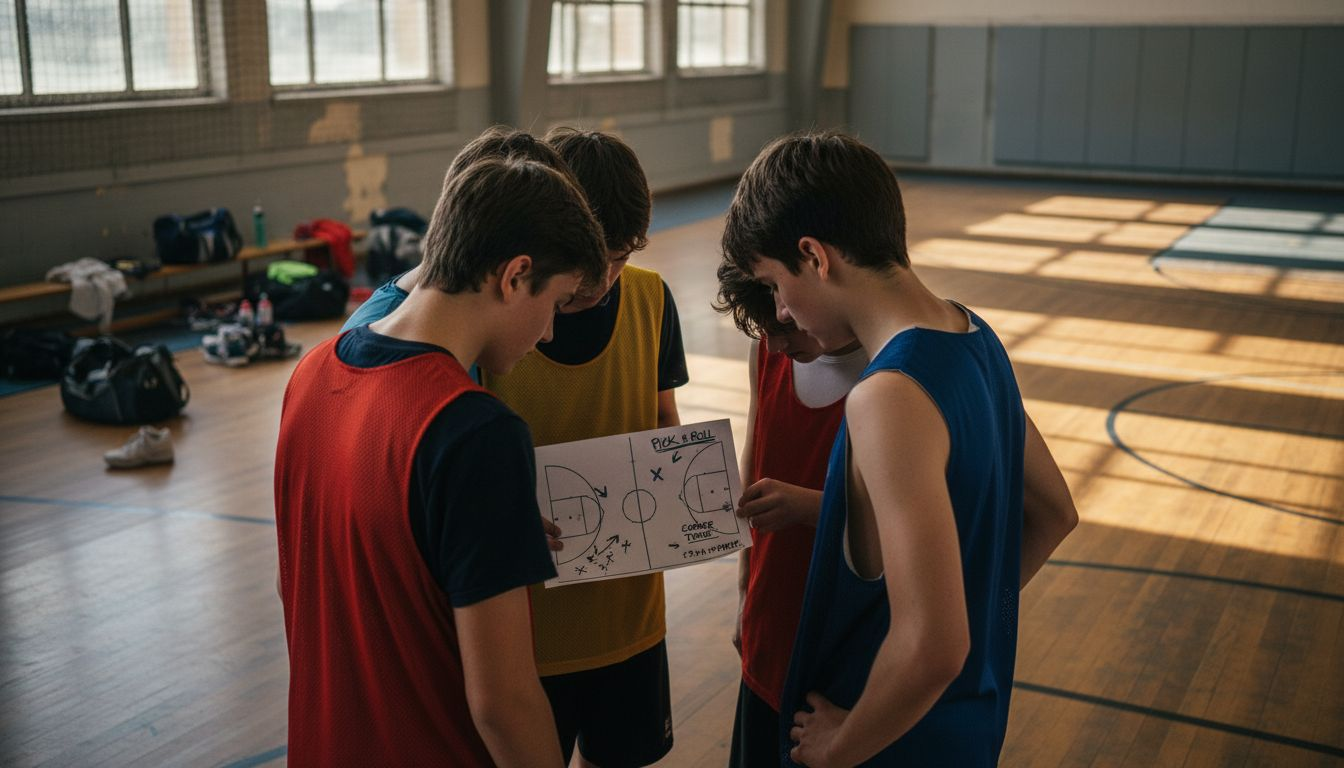 Players discuss basketball plays at midcourt