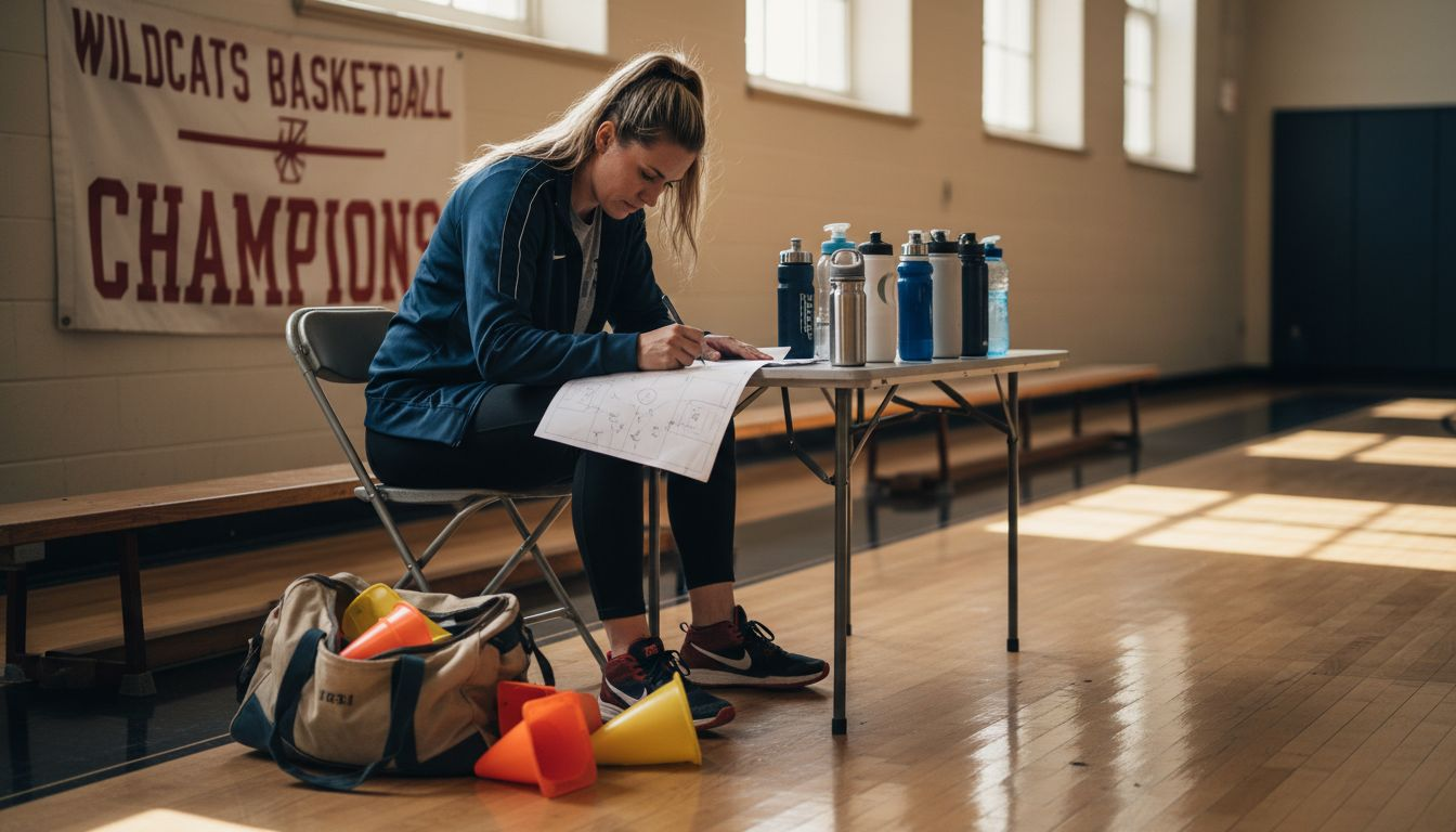 Coach planning basketball drill courtside