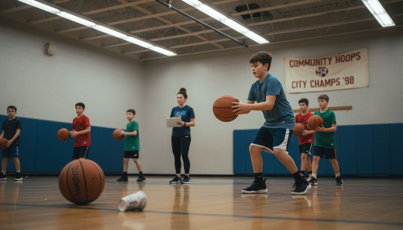 Youth basketball players working with coach