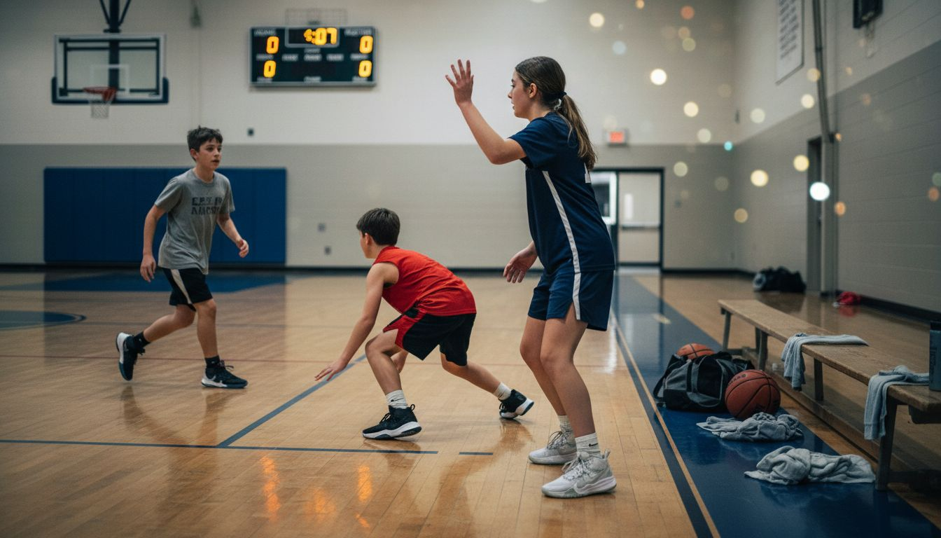 Youth players performing basketball play sequence