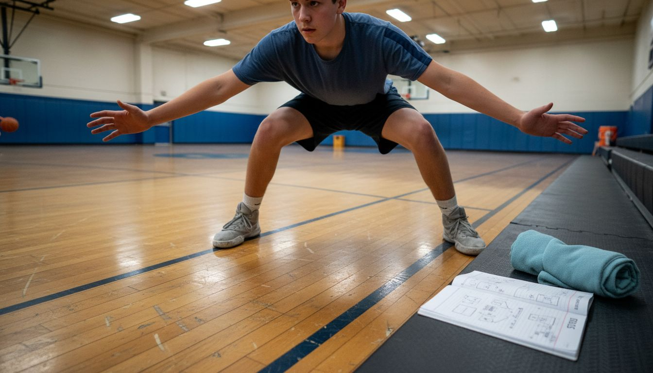 Player showing defensive basketball stance