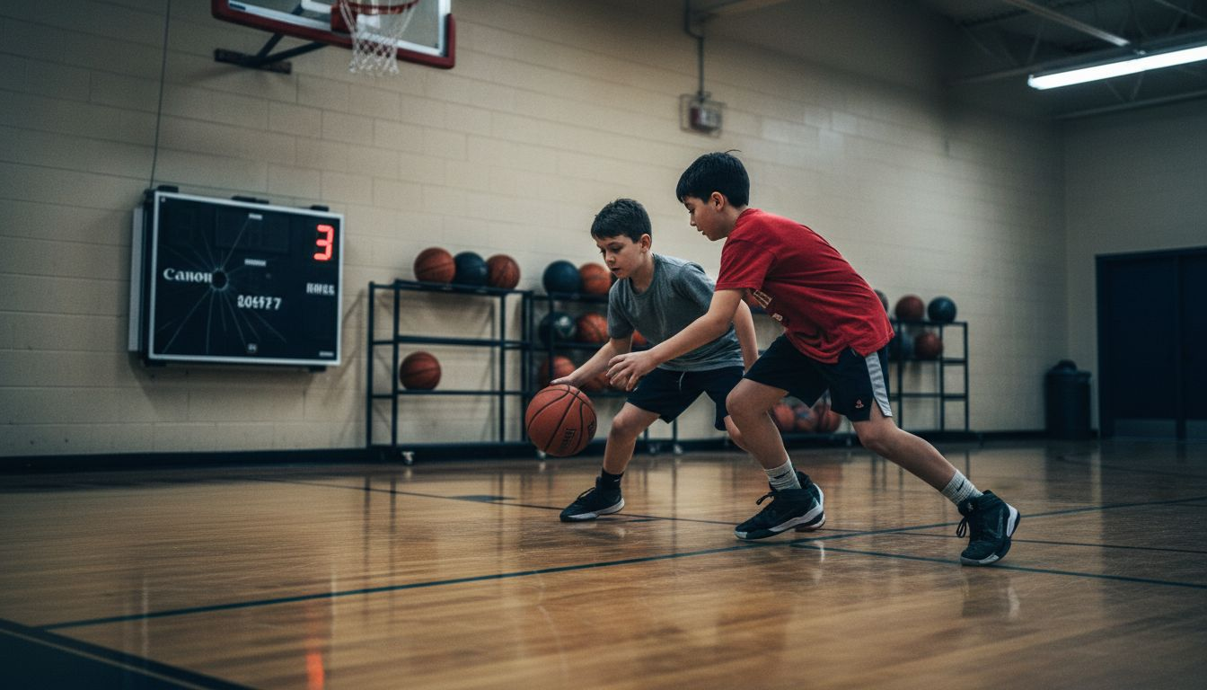 Youth practice pick-and-roll basketball drill