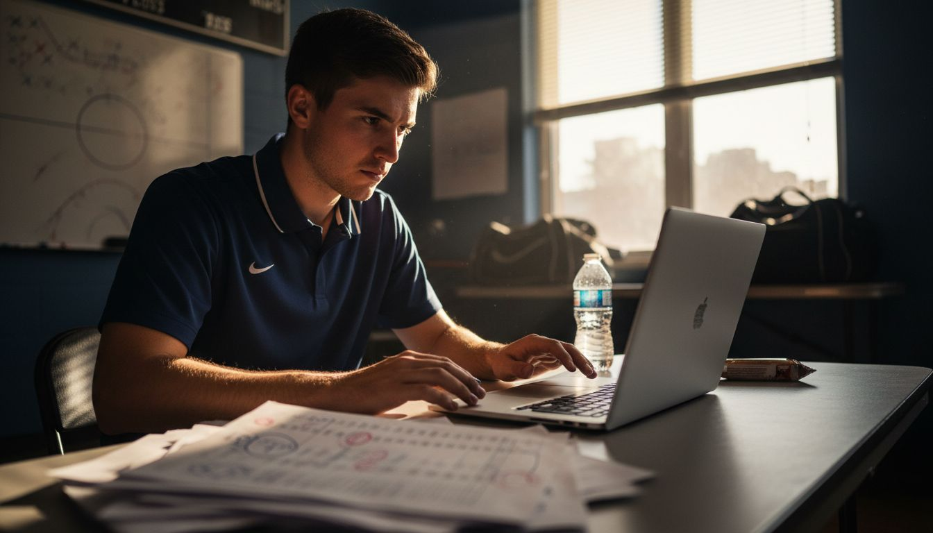 Assistant coach working on basketball game plan
