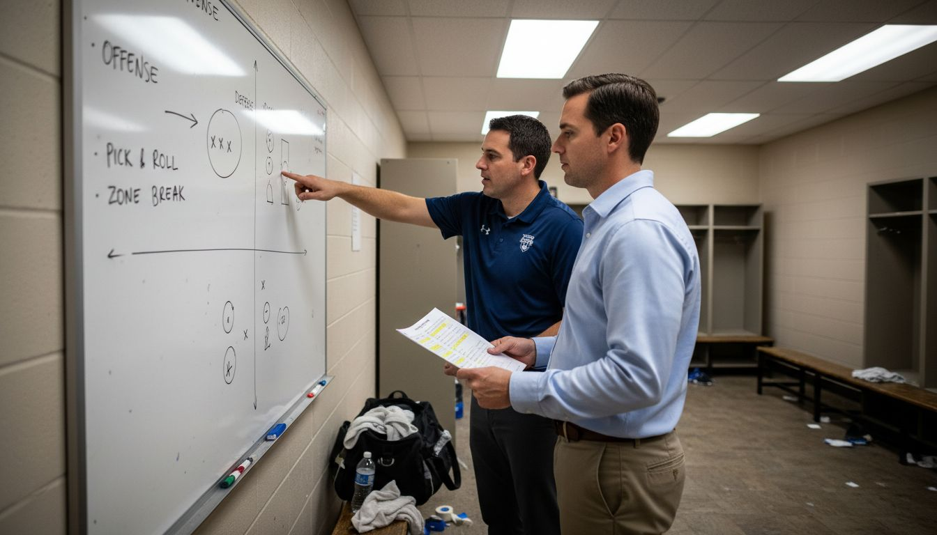 Coaches reviewing team scouting whiteboard