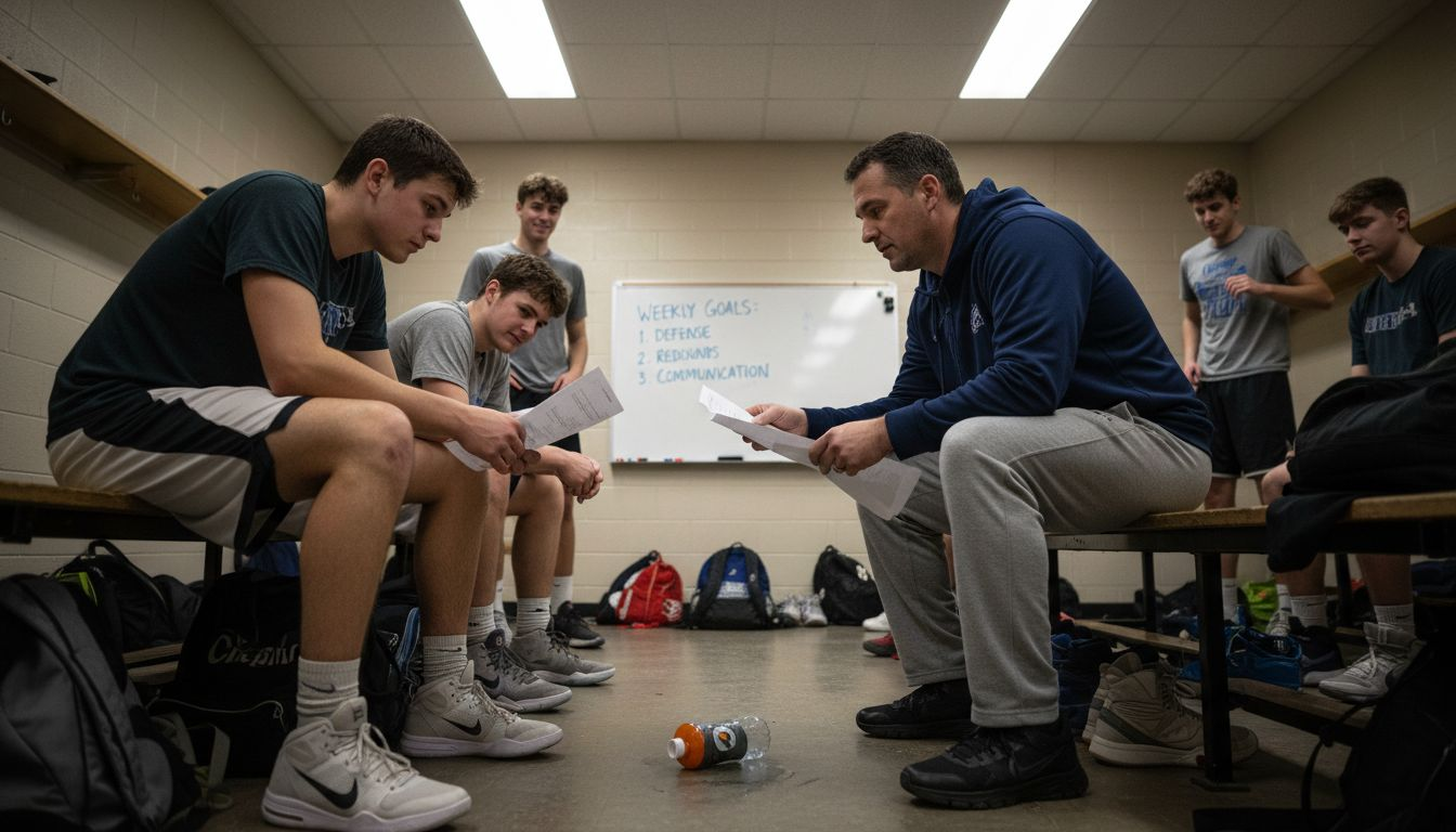 Coach shares team standards in locker room
