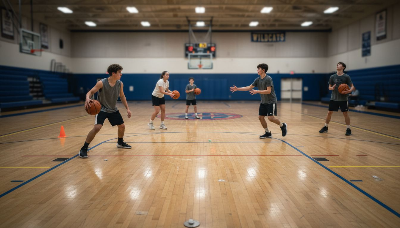 Players practicing basketball spacing drills