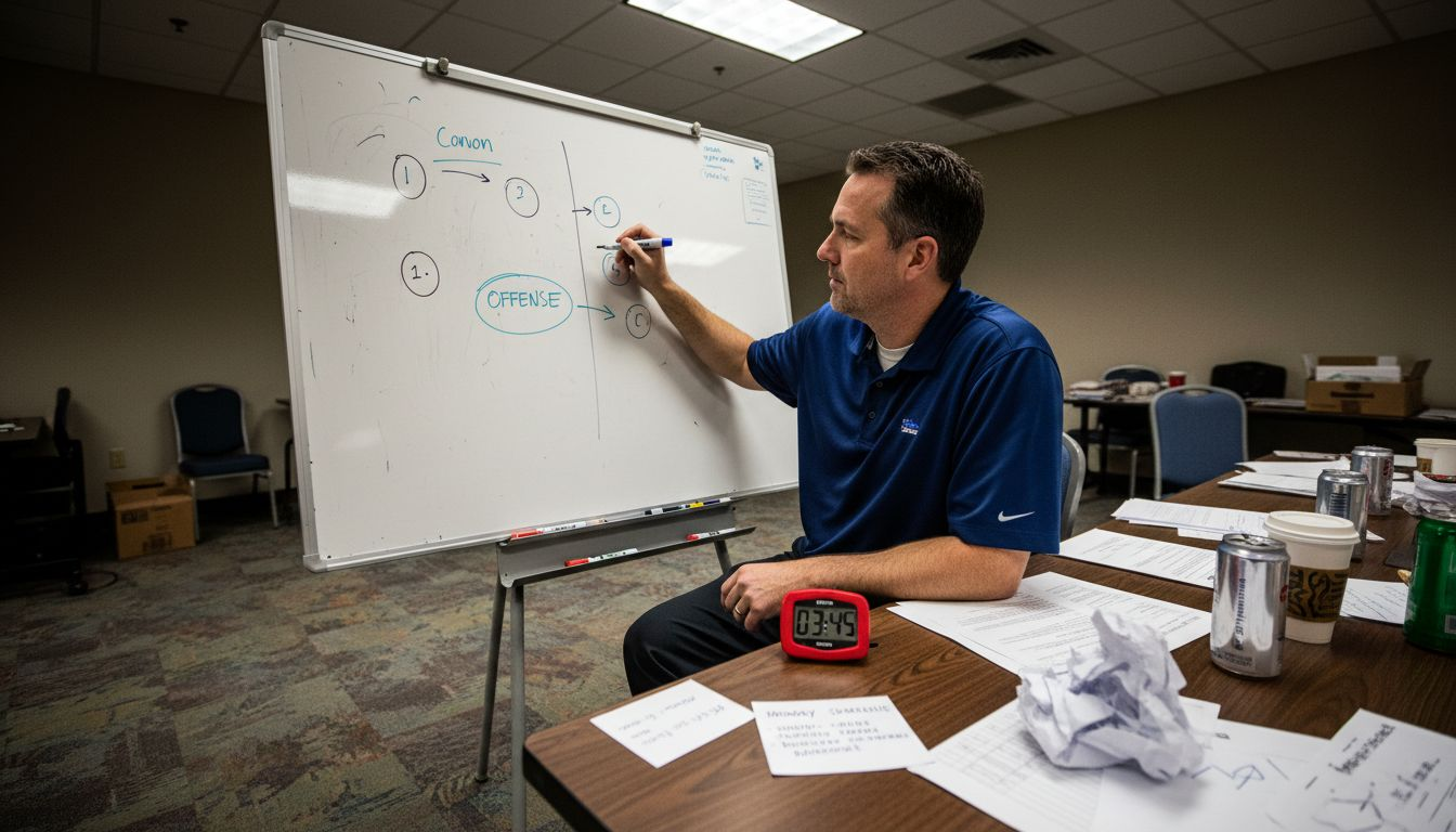 Coach drawing practice plan on whiteboard