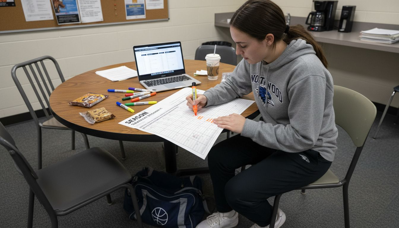 Coach marking season calendar at lounge table