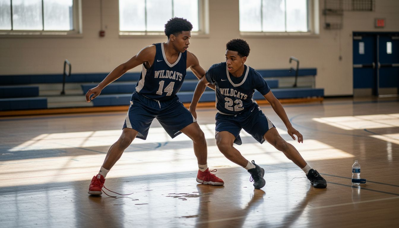 Players executing shuffle offense baseline screen