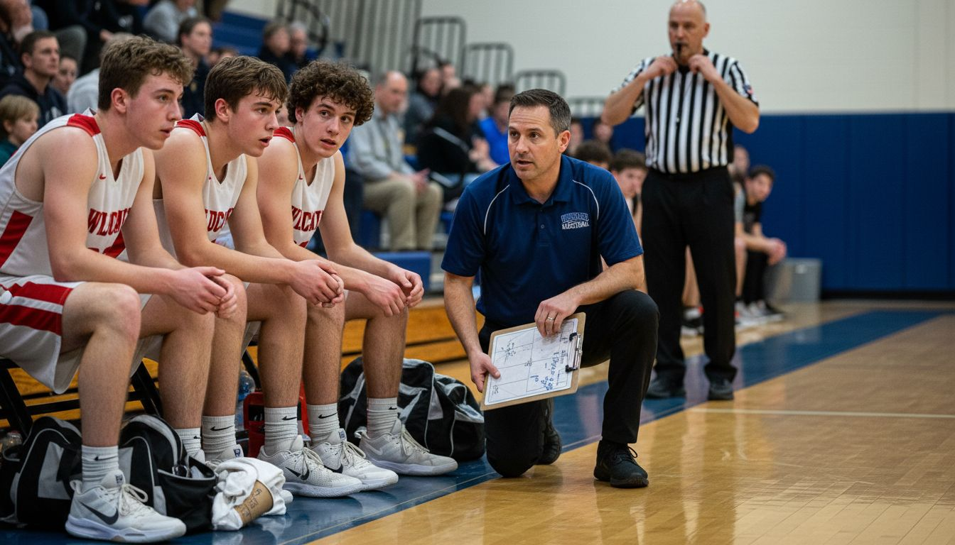 Coach guiding players on gym bench