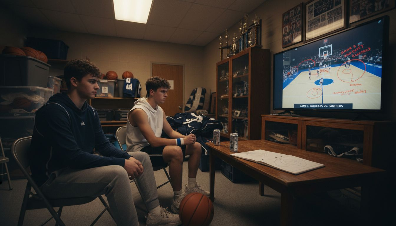 Players watch film session analyzing basketball game