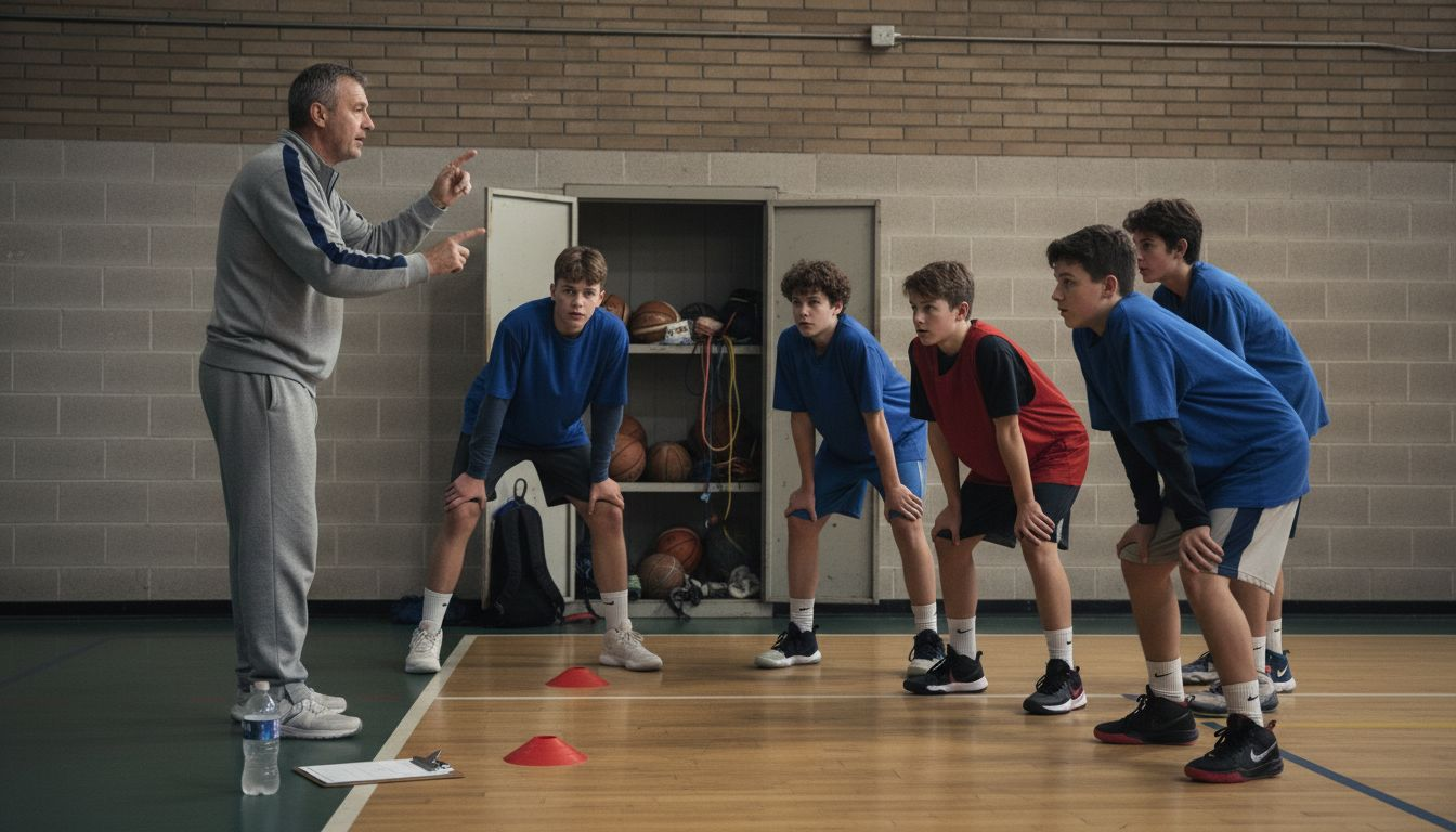 Coach directs basketball defensive drills