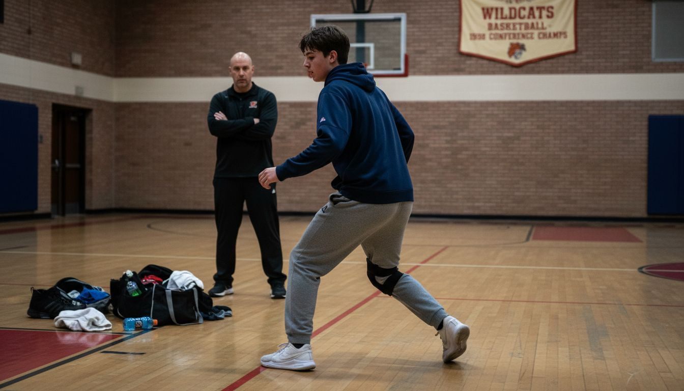 Player practicing defensive slides in gym