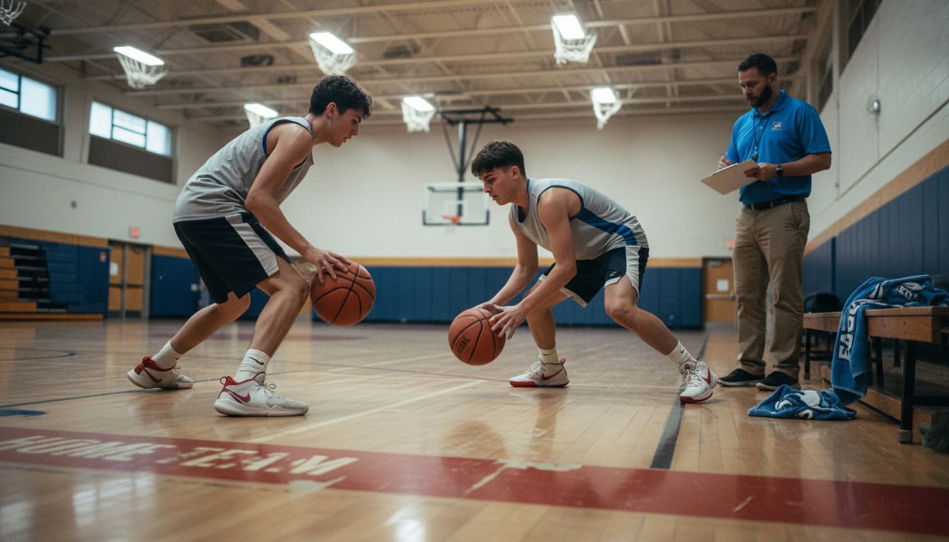 Players practicing basketball teamwork skills in gym