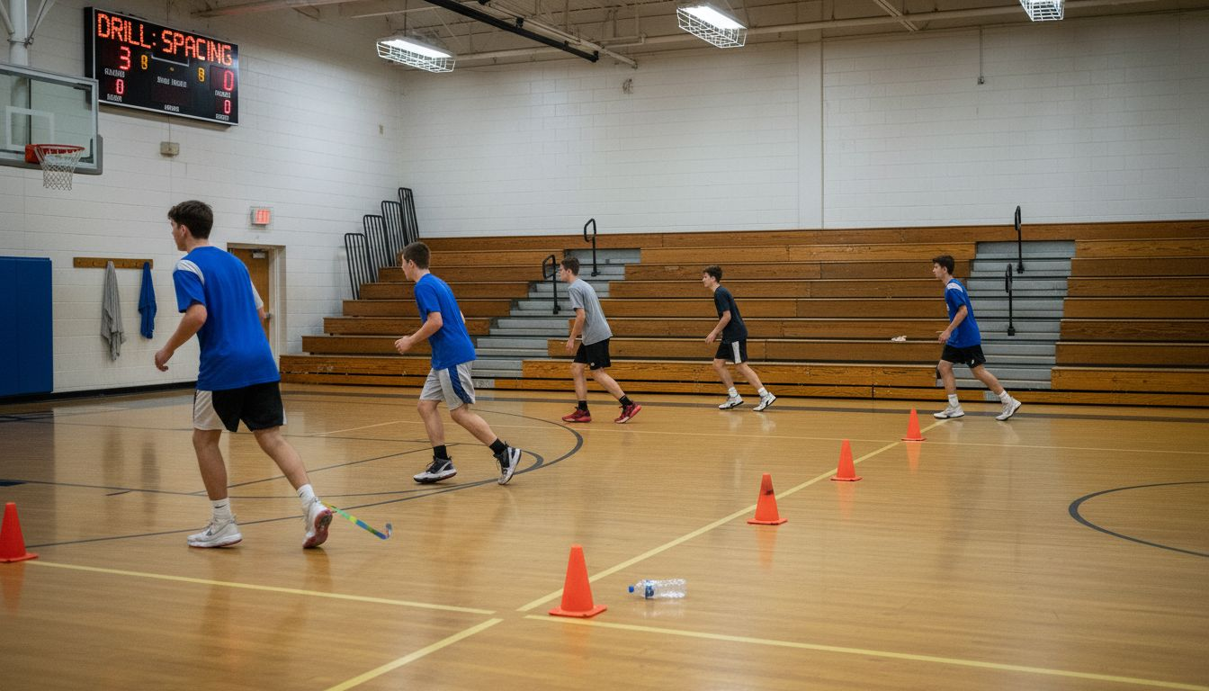 Basketball players practice spacing drill