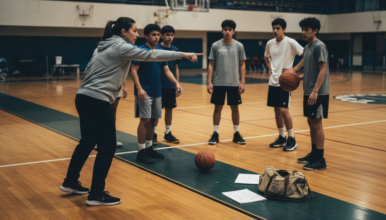 Coach demonstrating basketball drill to teens