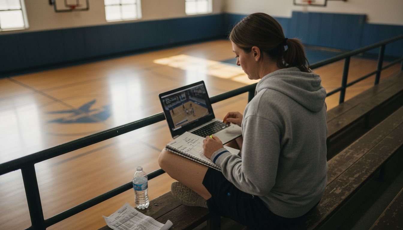 Coach analyzing basketball game footage