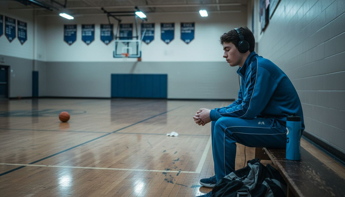 Player focuses before basketball game on bench