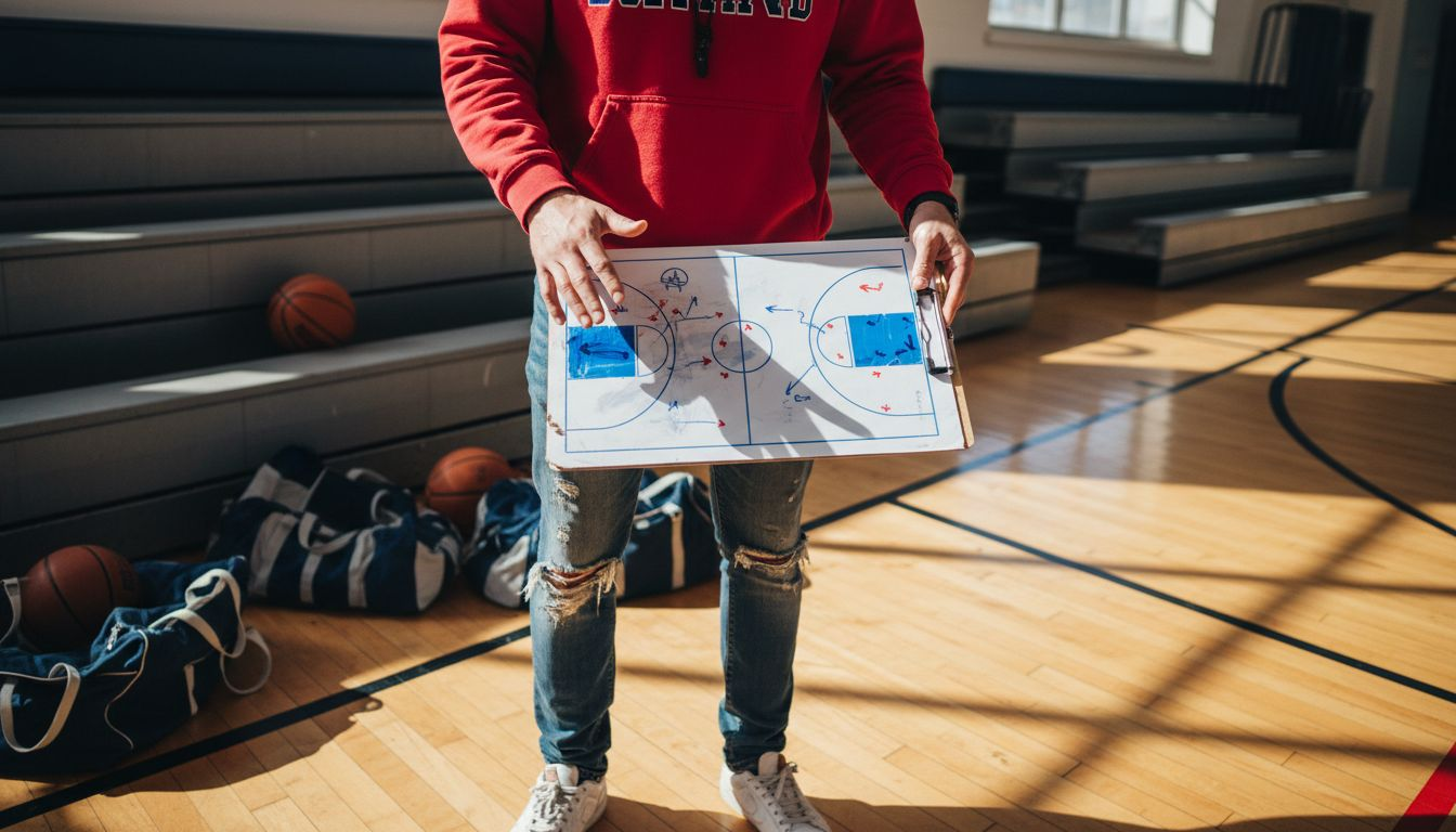 Assistant demonstrating play with court diagram