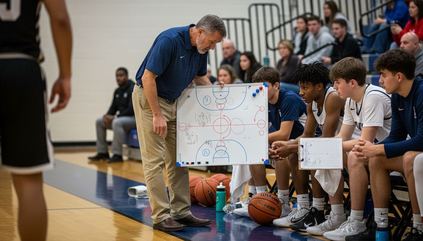 Coach drawing play on bench whiteboard