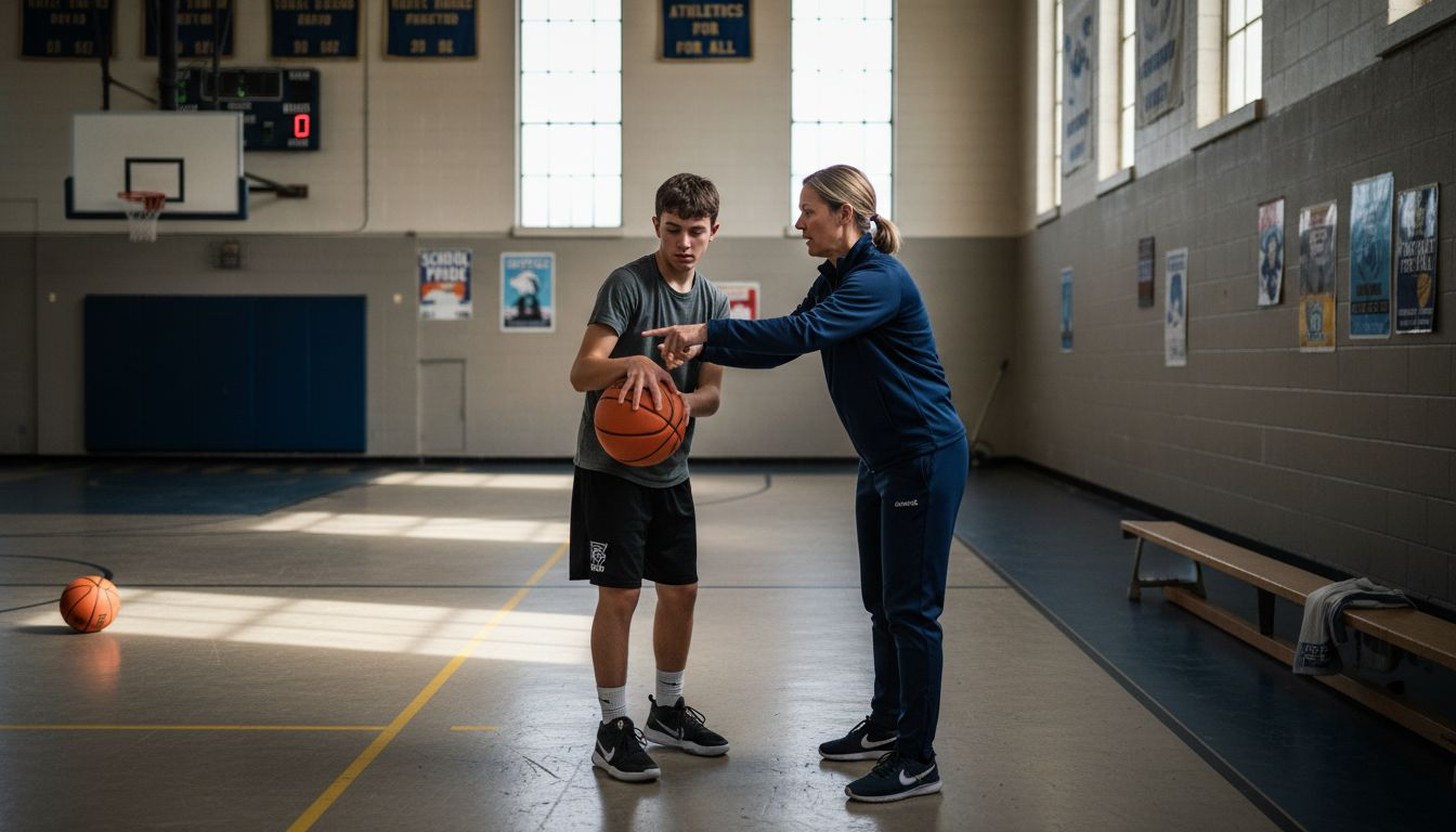 Coach instructs teenager on basketball court
