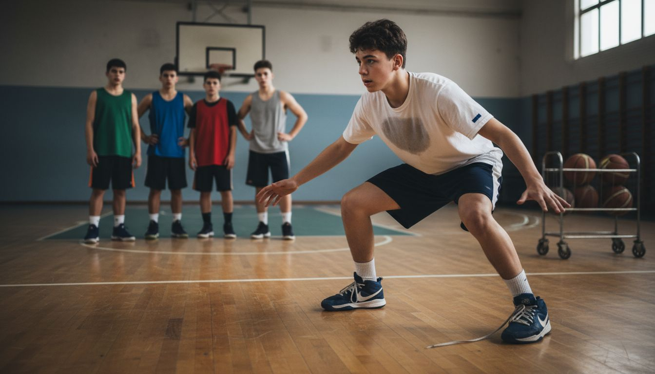 Player practicing defensive basketball footwork
