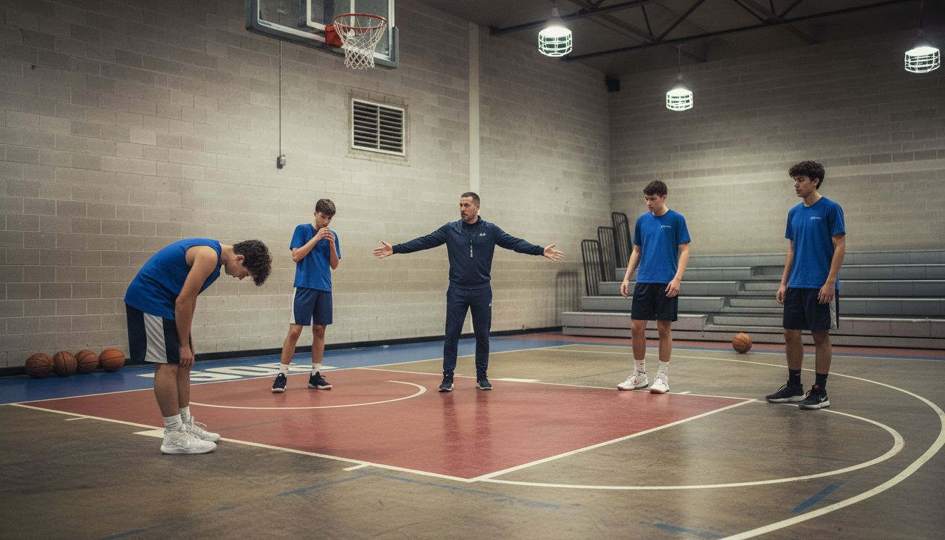 Basketball players adjusting spacing during drill