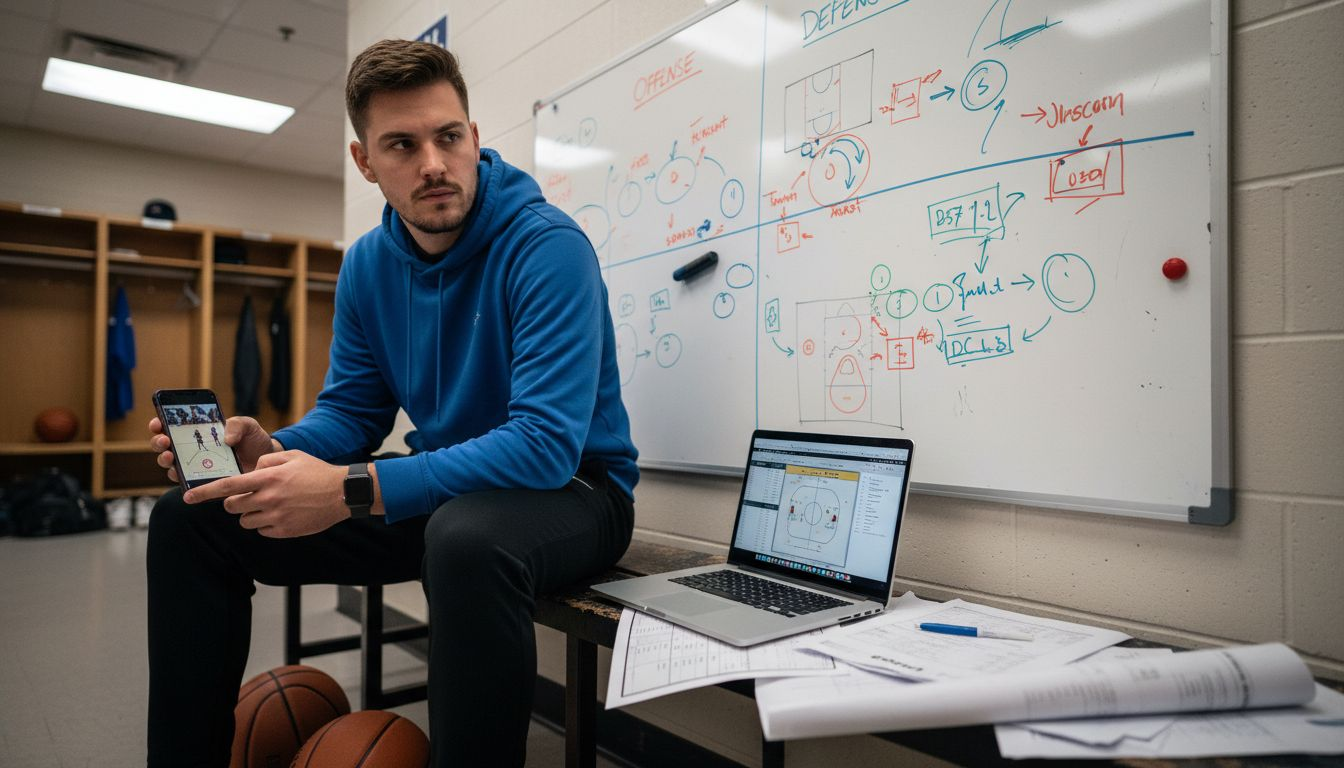 Coach diagramming team basketball tendencies