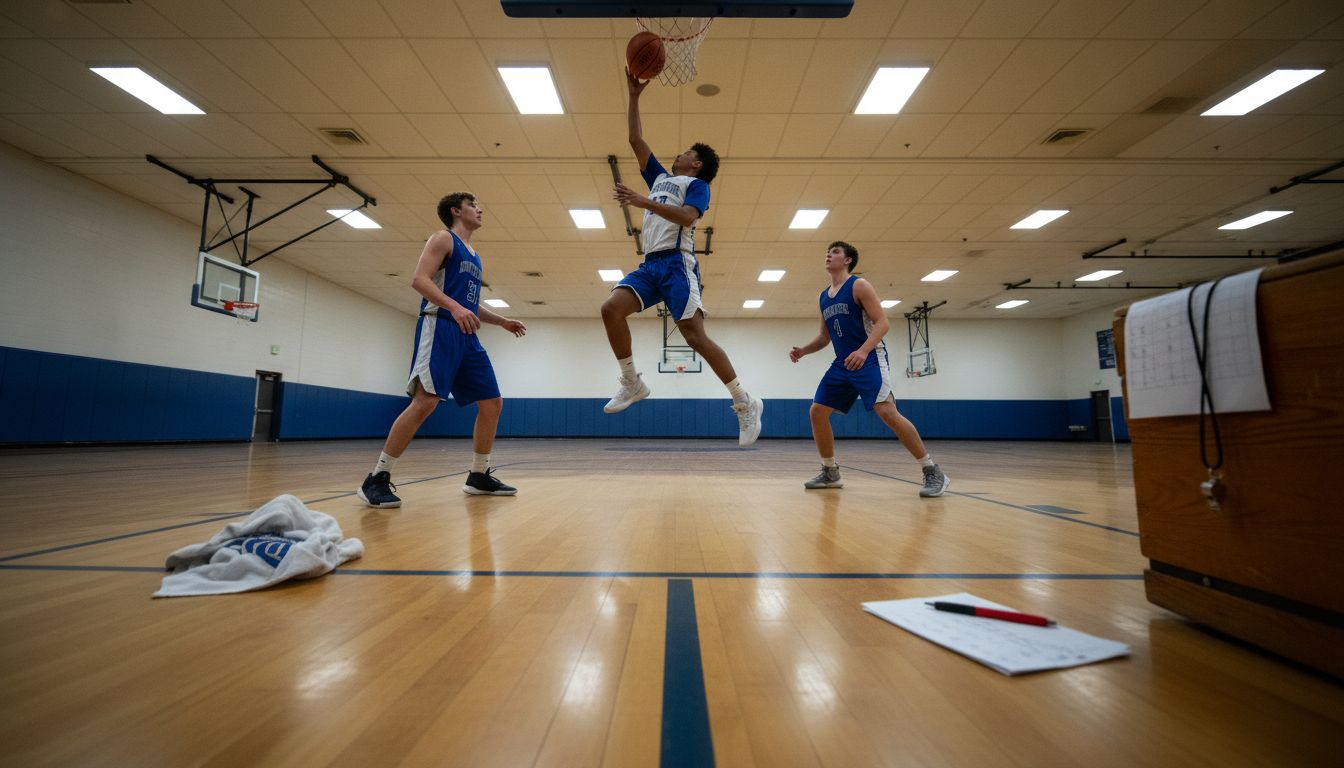 Player jumping for rebound during workout