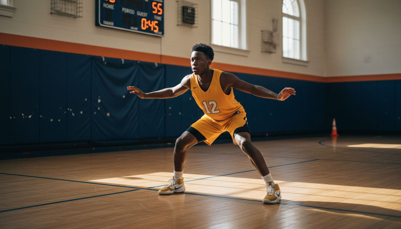 Player demonstrates balanced defensive basketball stance