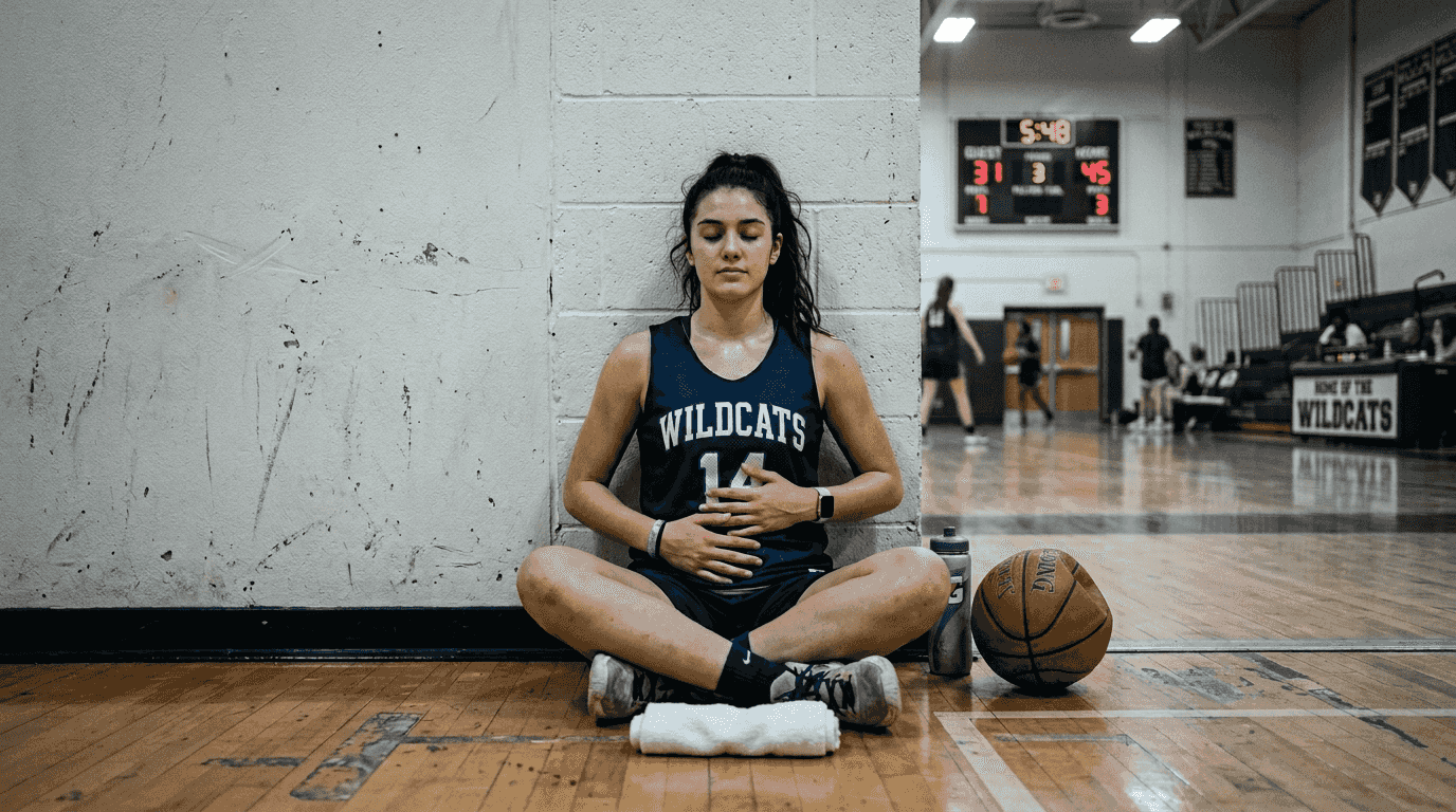 Player practicing breathing against gym wall