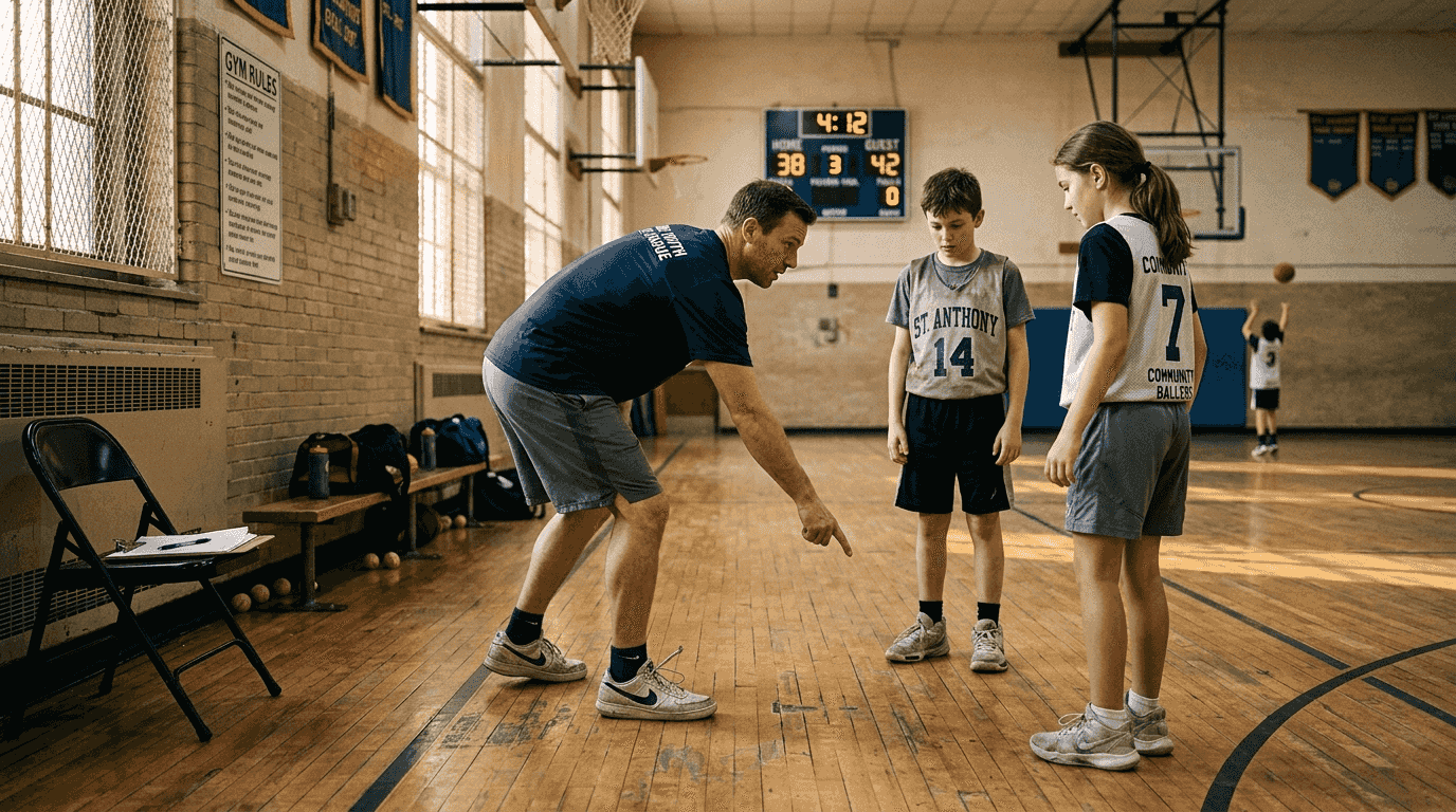 Coach teaching rebounding position to players