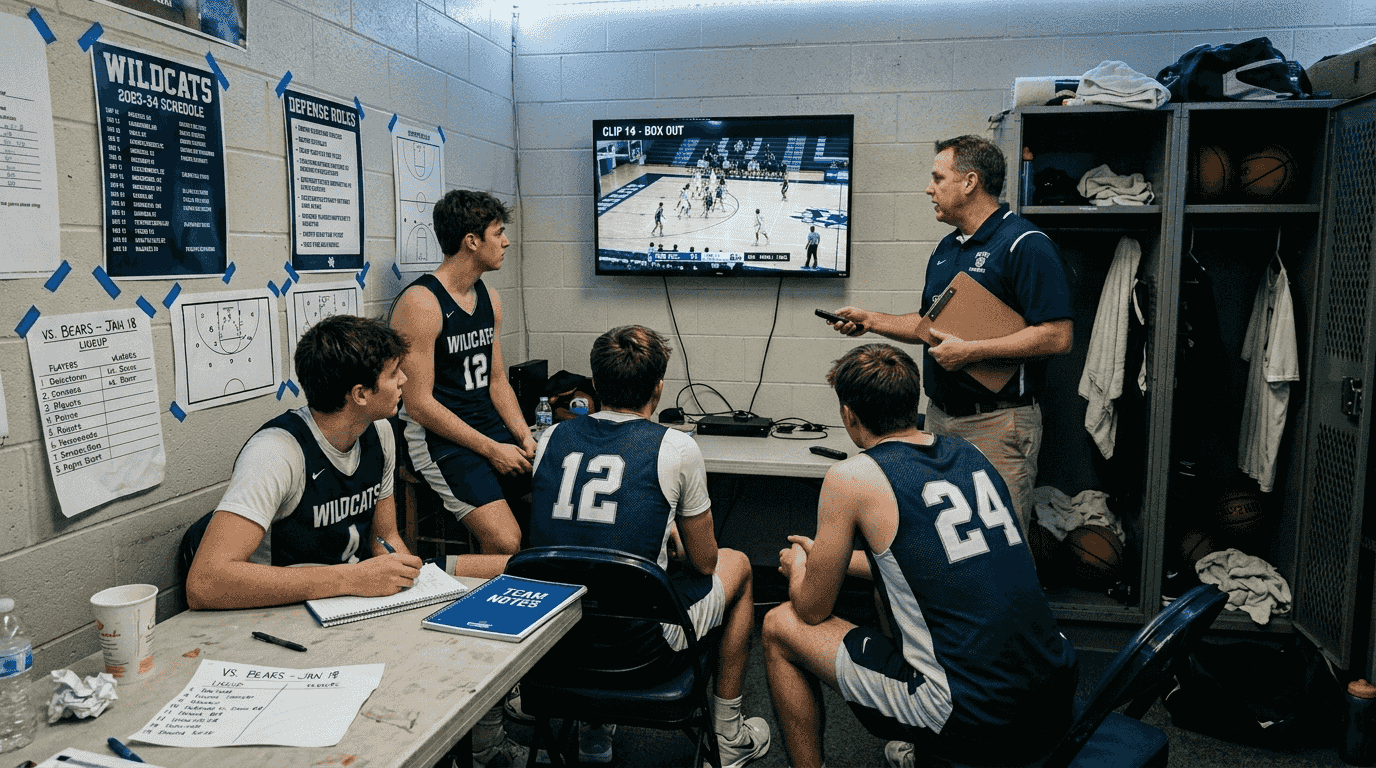 Team watching game video feedback session