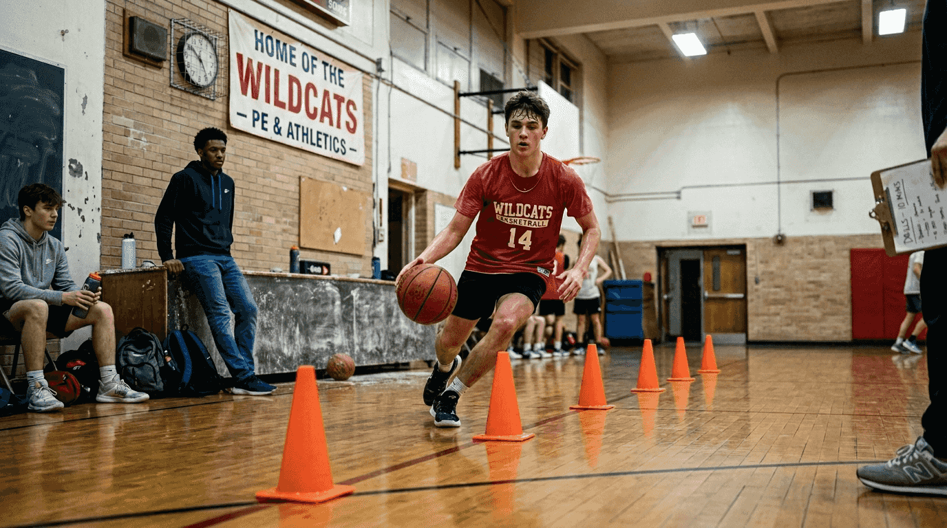 High school player dribbling in skill drill