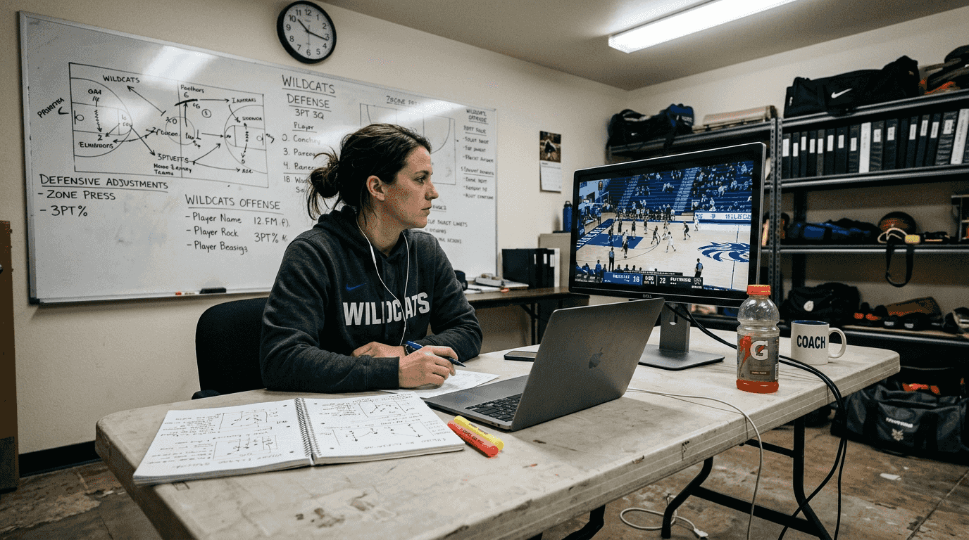 Assistant coach reviewing basketball game video