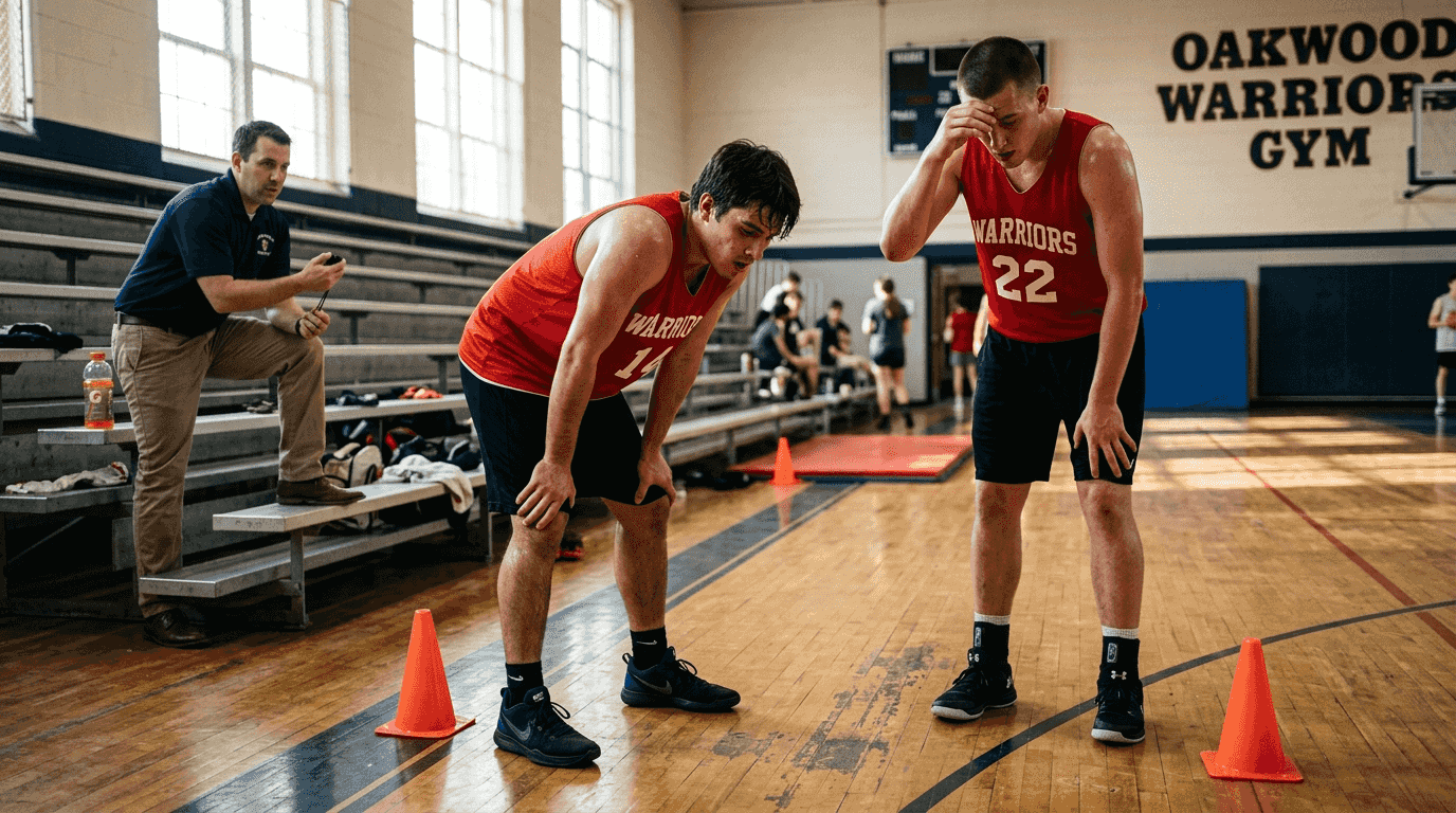Players sprinting in intense basketball conditioning drill