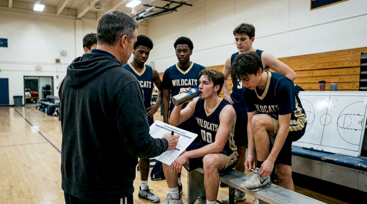 Team huddles reviewing performance chart