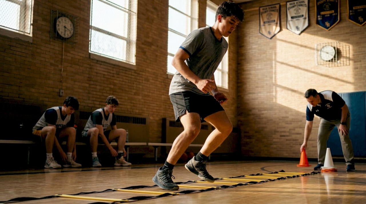 Player running agility ladder basketball drill