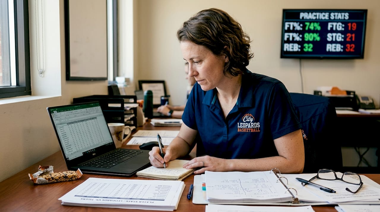 Assistant coach reviewing basketball stat sheets