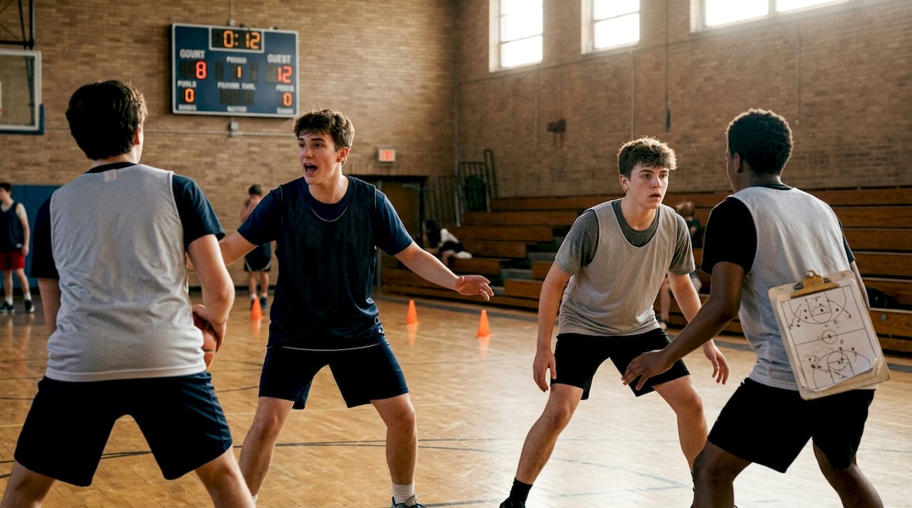Basketball players communicate on defense in gym