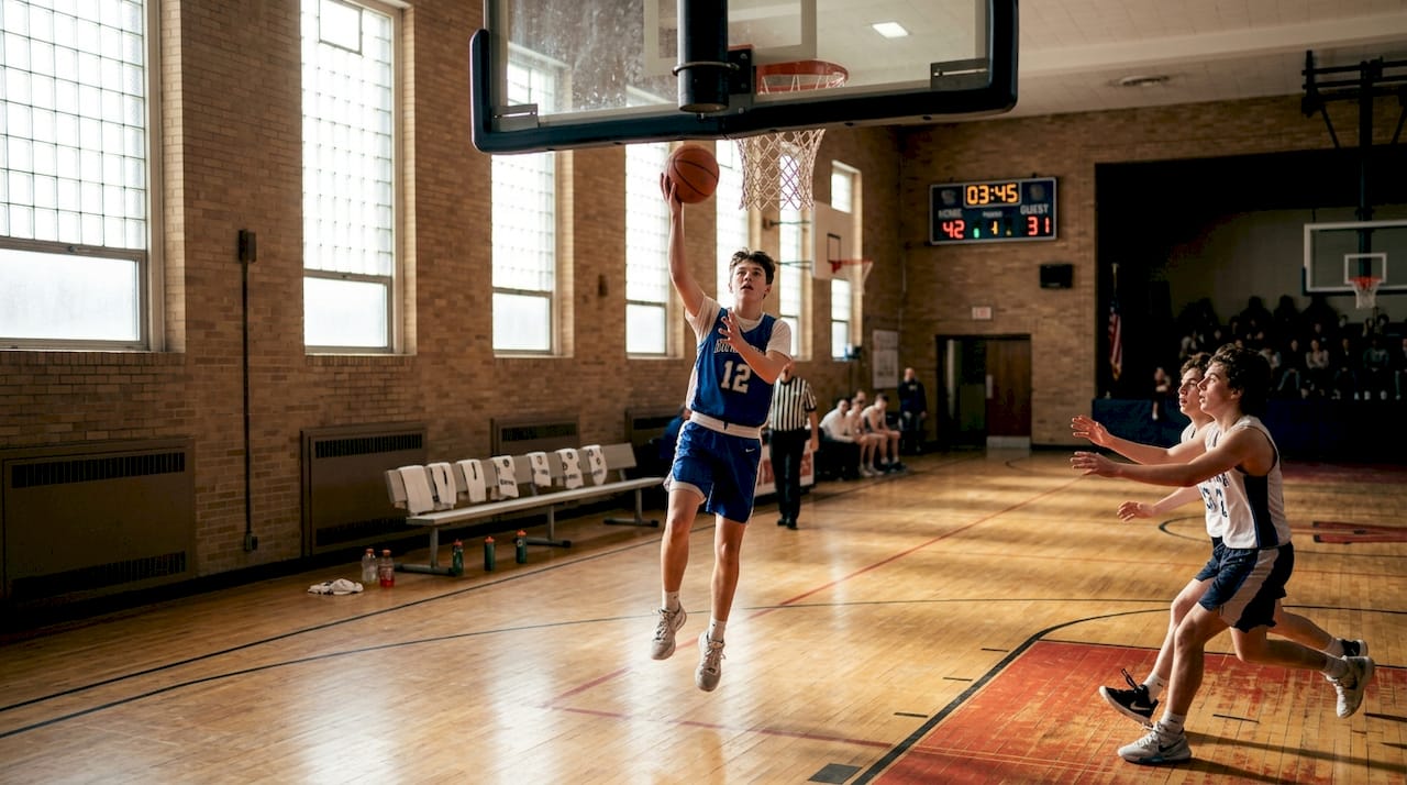 Player scoring layup on transition break